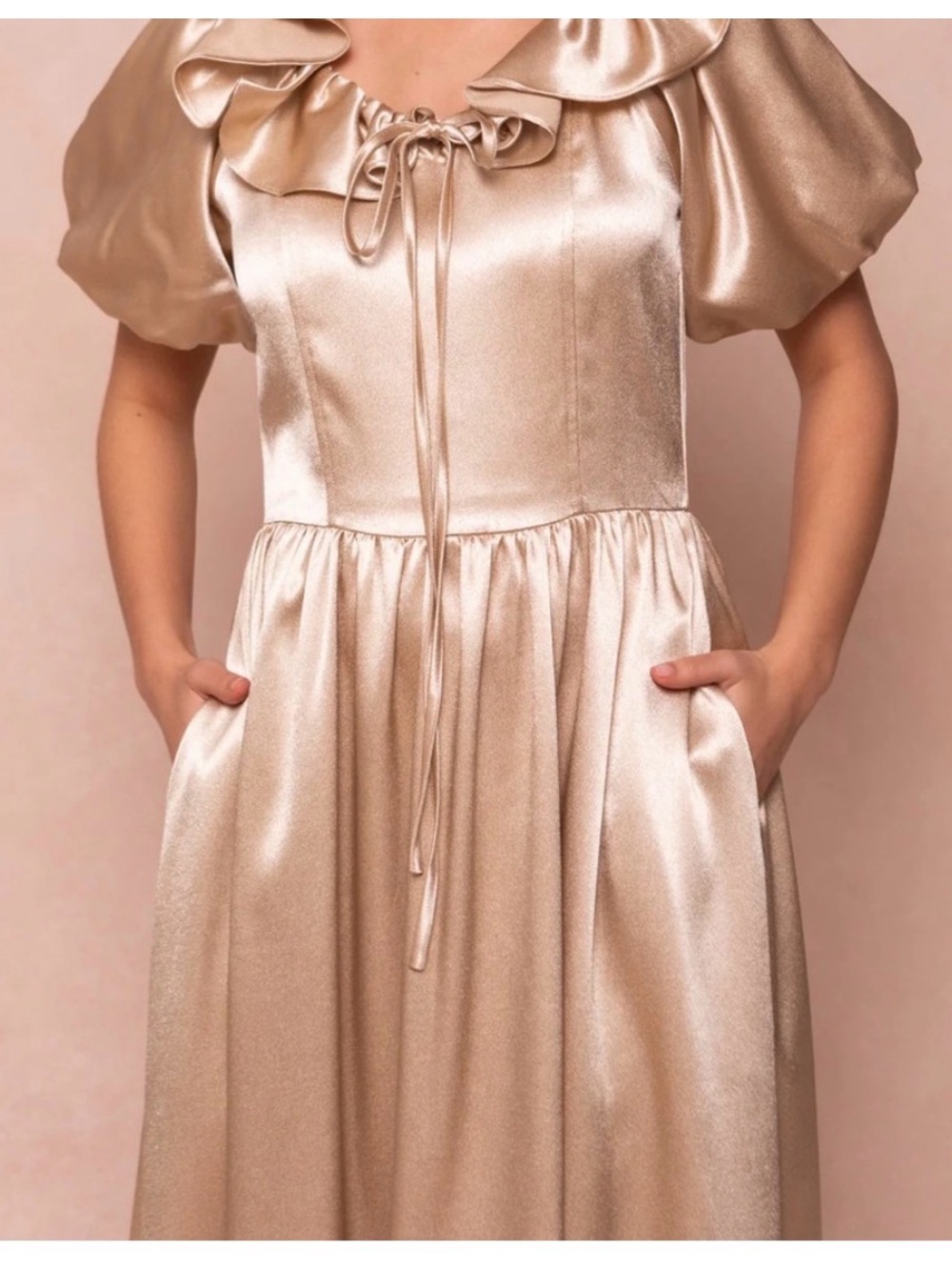 Ivy City Co Gold Satin Ruffle-Trim Maxi Dress - Picture 13 of 14